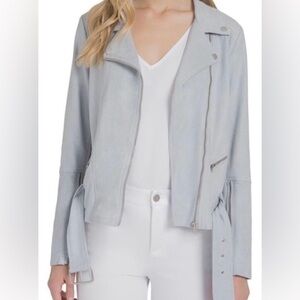 Lysse Light Blue Cory Faux Suede Asymmetrical Zip Belted Moto Jacket Size L